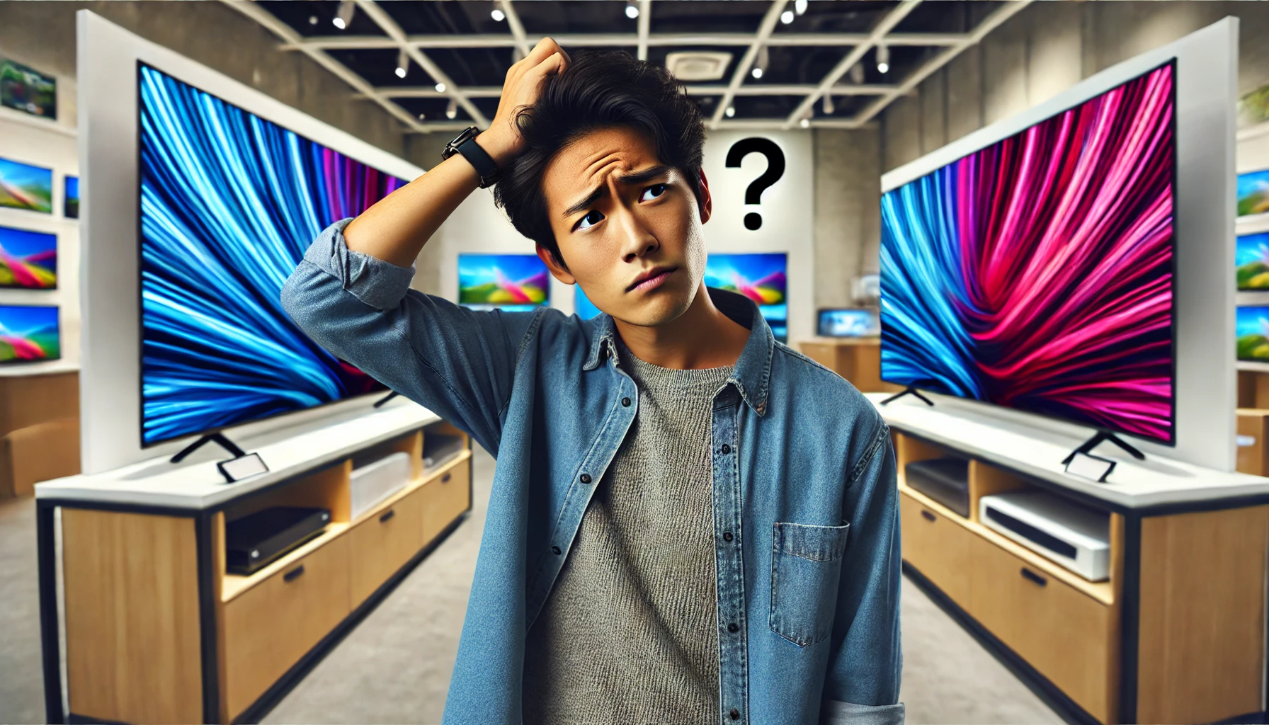 Confused Singapore Man Deciding on a TV